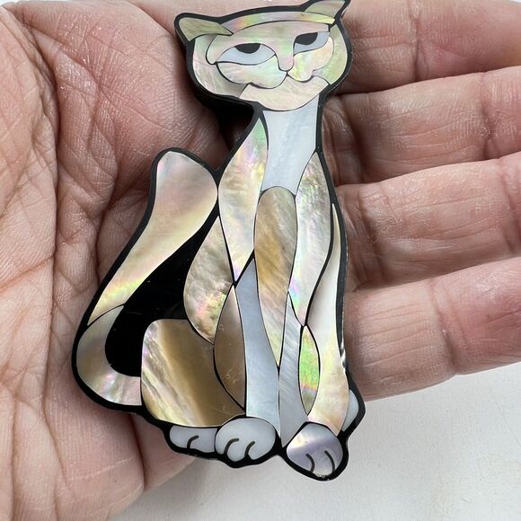 LEE SANDS Abalone Shell KITTY CAT Brooch FELINE LIONESS Pin - Picture 2 of 6